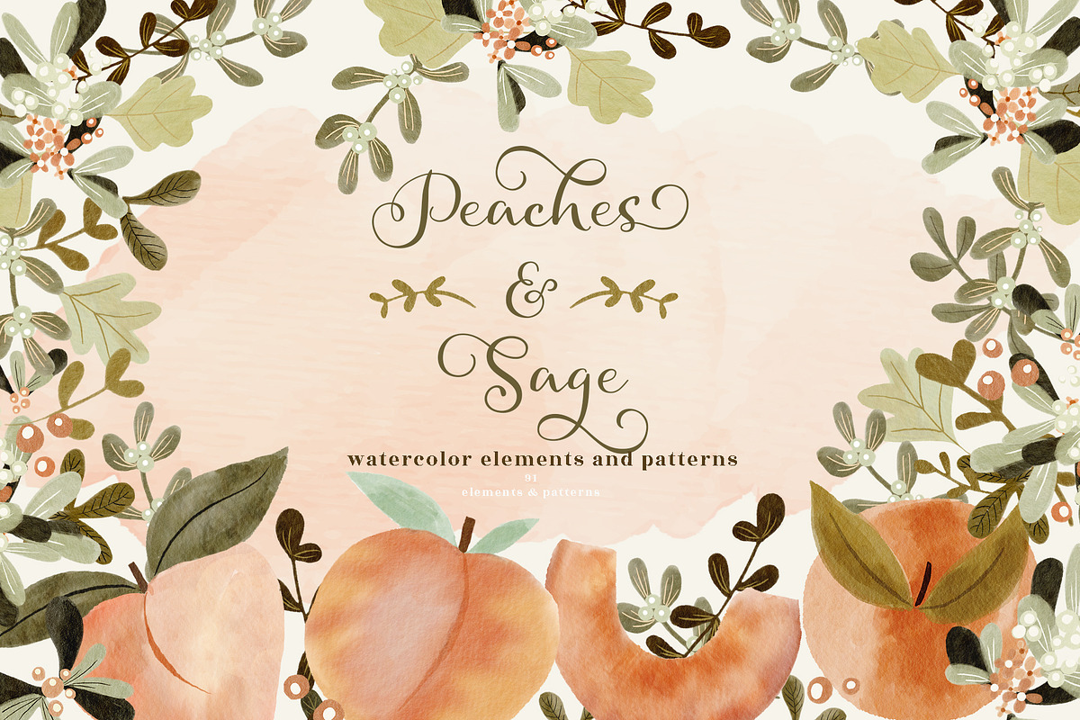 Peaches and Sage watercolor clipart, a Pattern Graphic by Bridgett Stahlman Design (Photo 1 of 9)