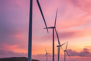 Wind turbines on a hill at pink sun, a Technology Photo by MistyDay