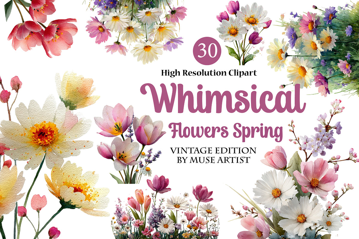 Whimsical Flowers Spring Clipart, an Illustration by DreamArtGraphic (Photo 1 of 4)