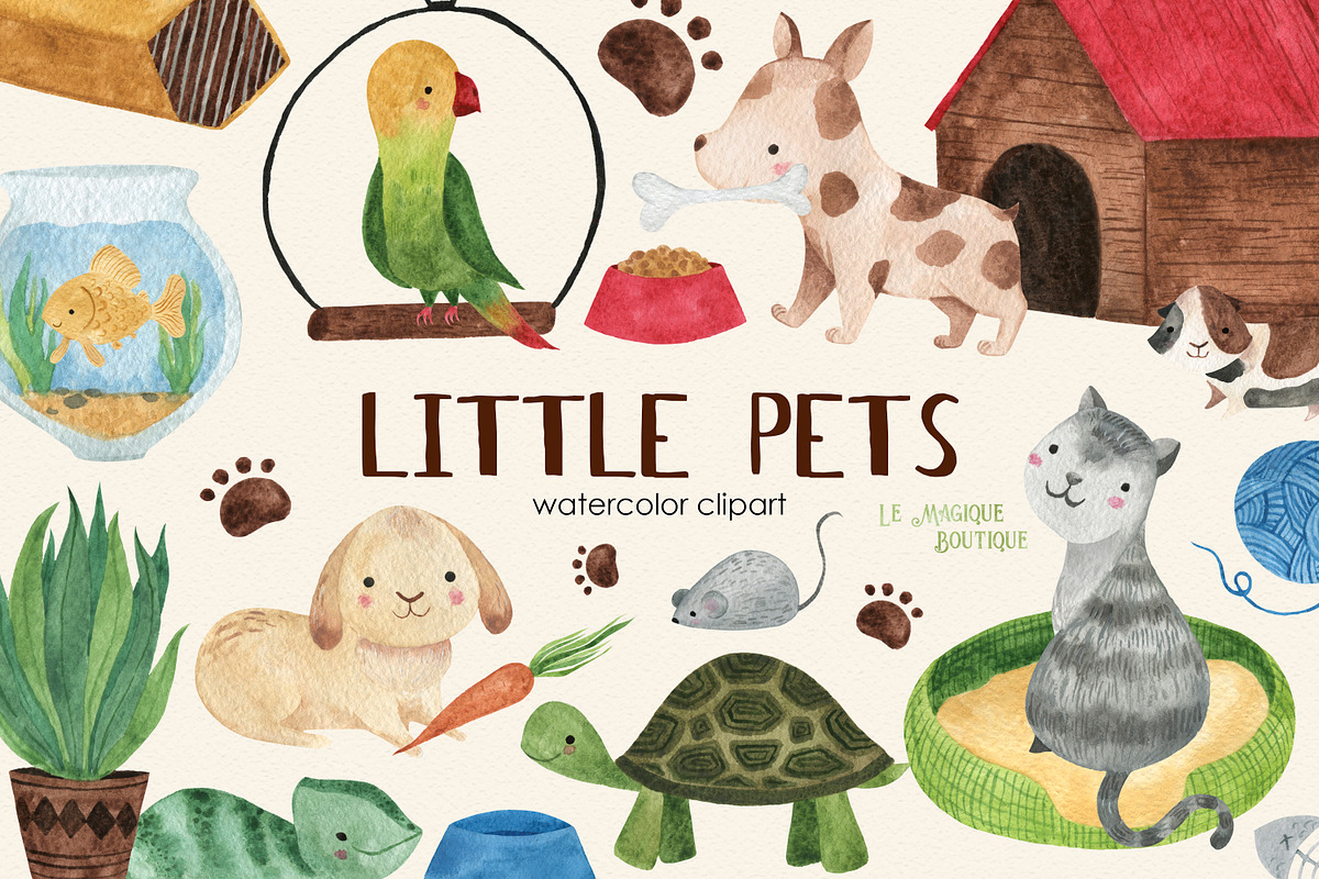 Little Pets Watercolor Clipart Set, an Animal Illustration by LeMagiqueBoutique (Photo 1 of 4)
