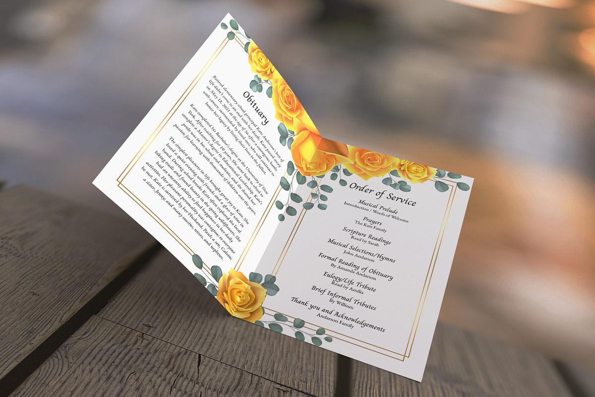 Canva Yellow Rose Funeral Program, a Brochure Template by SmmrDesign (Photo 4 of 5)
