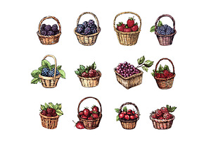 Rustic wicker baskets with berries, a Food Illustration by Valerie Bodnar