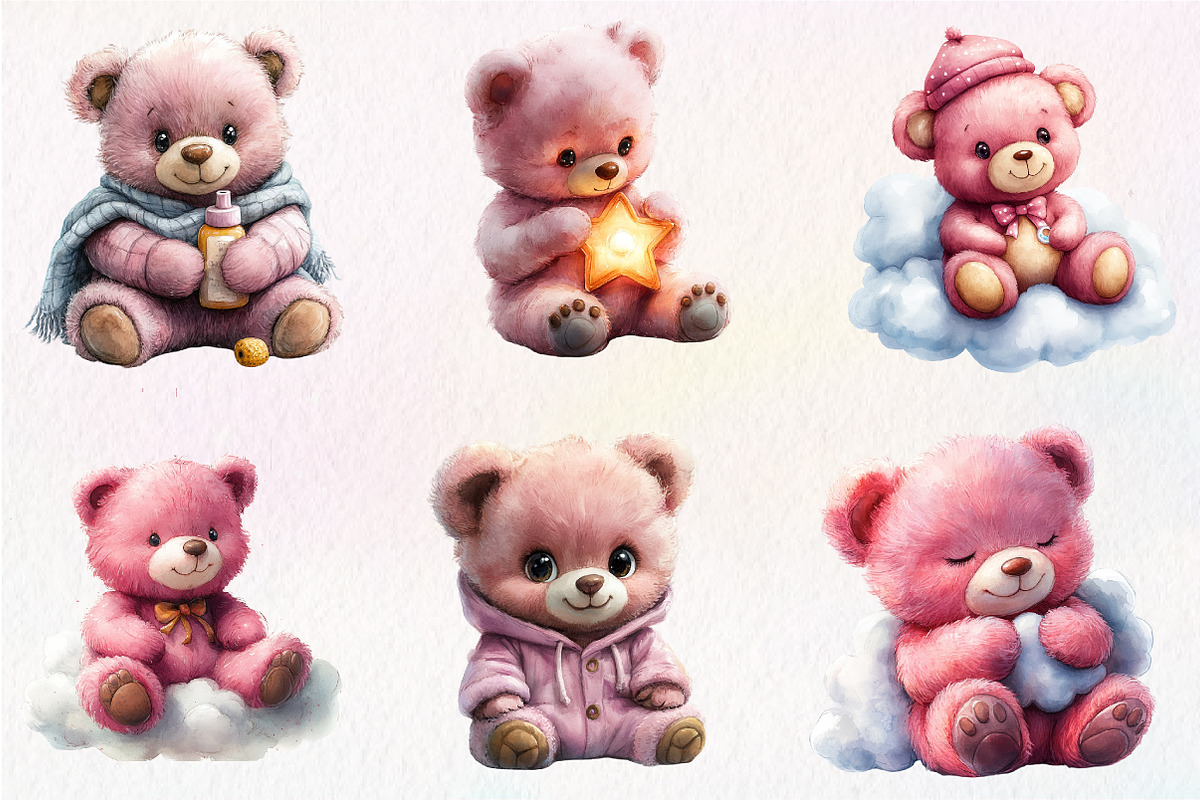 Pink Teddy Bear Clipart, Sweet Dream, an Illustration by CreationArt (Photo 2 of 9)