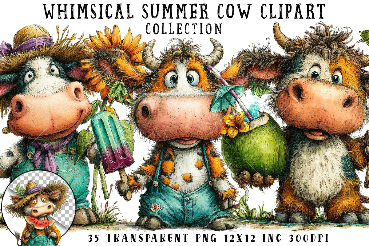 Whimsical Summer Cow Clipart, an Illustration by OK Design (Photo 1 of 6)