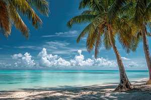 Beautiful beach scene with palm tree, a Photo by Pavel_design