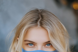 A young woman with long blonde hair wearing a blue face mask mockup and a blue, a Mask Mockup by Textures & Backgrounds