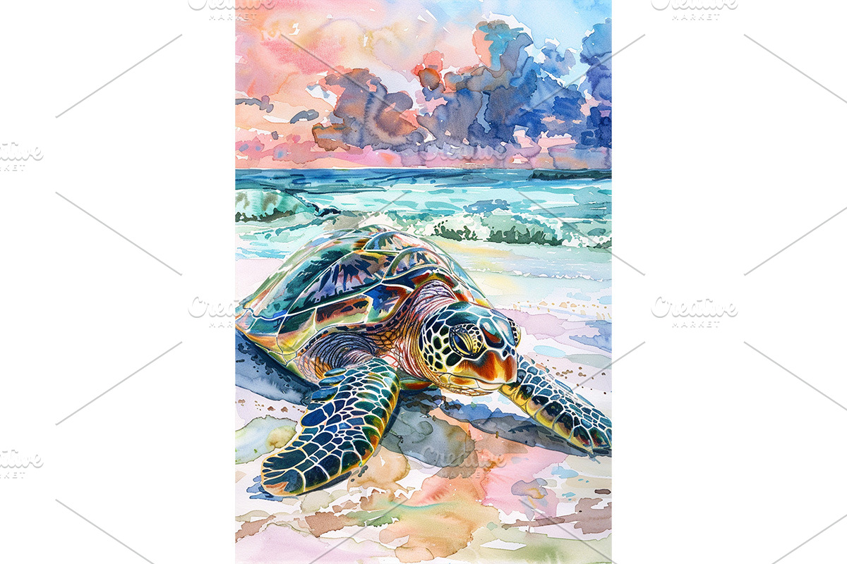 Watercolor Sea Turtle on Beach Art, an Animal Illustration by Art Paradise Studios