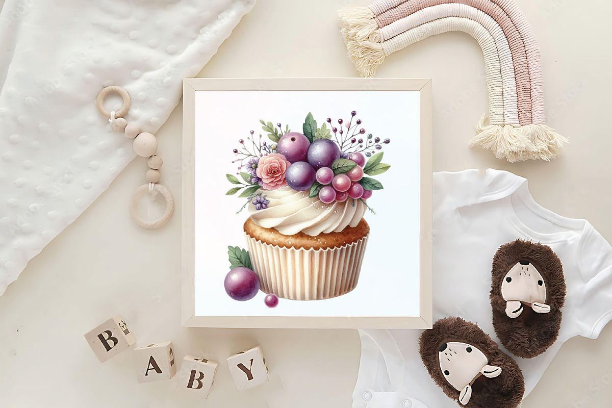 Watercolor Berry Cupcake Clipart, an Illustration by CraftArtStudio (Photo 6 of 6)