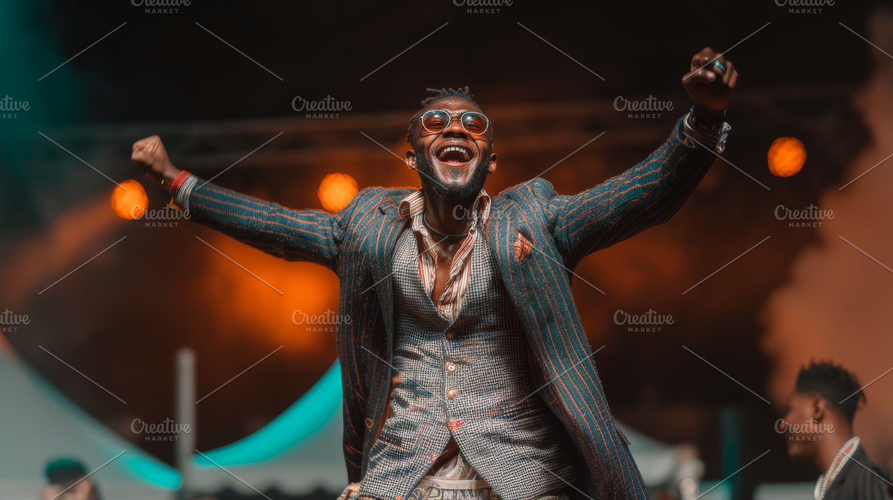 Joyful man celebrating triumph outdoors at a vibrant concert or event, a Person Photo by AS photostudio