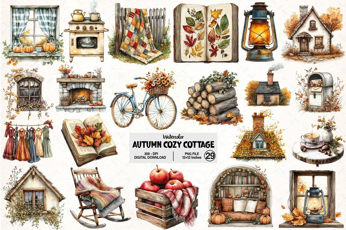 Autumn Clipart Cozy Cottage, an Illustration by Pixels.Craft (Photo 1 of 6)