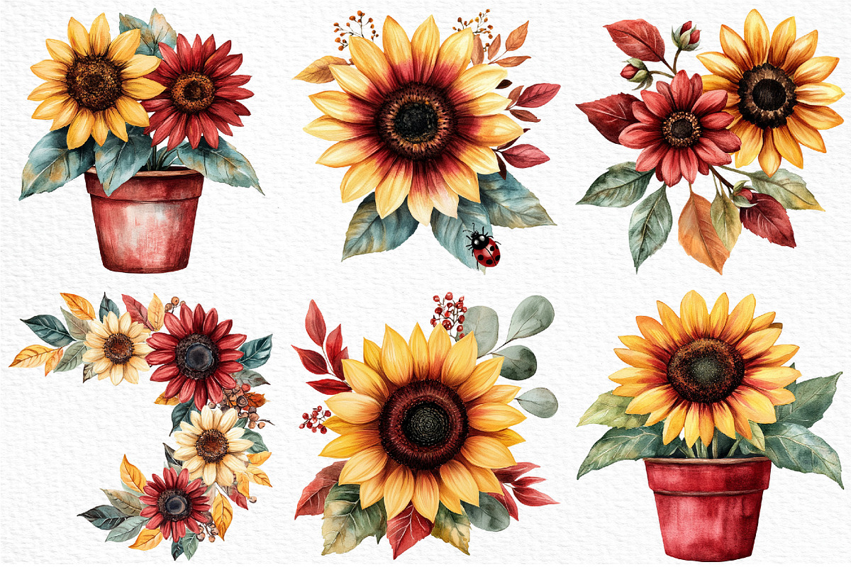 Watercolor Sunflowers Clipart, an Illustration by Craft Nest (Photo 5 of 8)