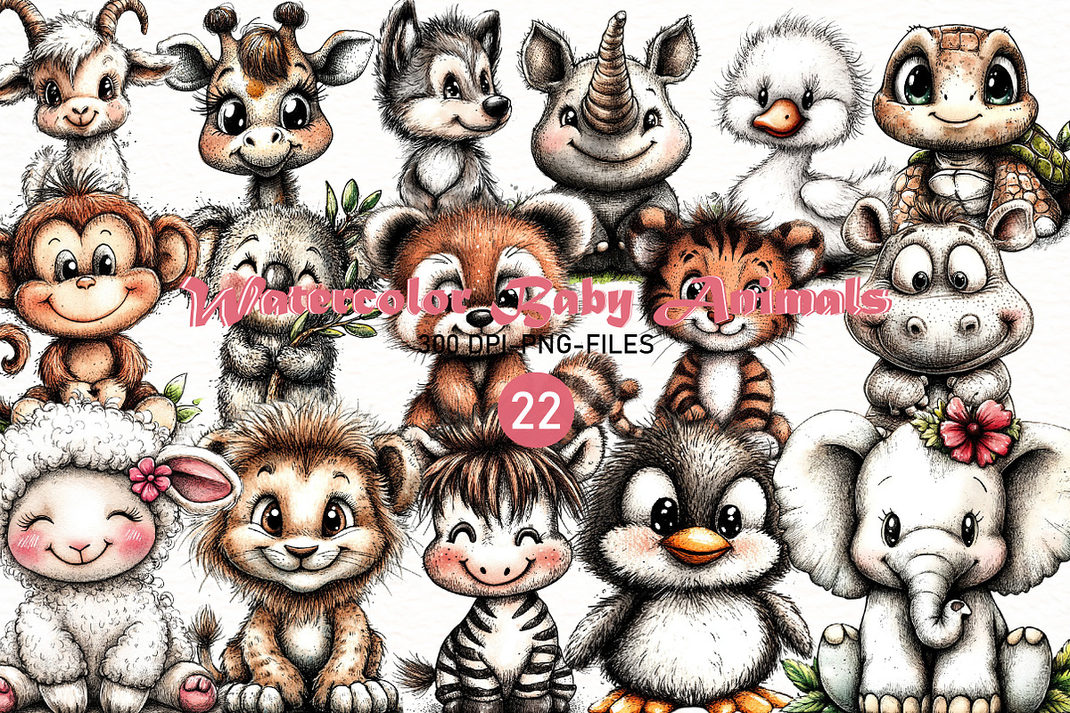 Watercolor Baby Animals Clipart, a Seasonal Illustration by Designworld (Photo 1 of 8)