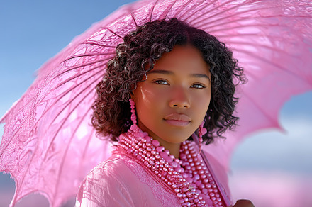 Young African woman with curly hair holding a pink umbrella in a bright, sunny, a Person Photo by AlyaAnd