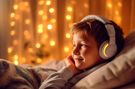 Adolescent boy listening to music with fun headphones in his roo, a Person Photo by designvectx