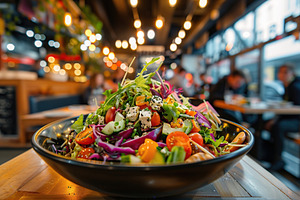 Healthy salad bowl on the table in modern restaurant, a Food & Drink Photo by AlyaAnd