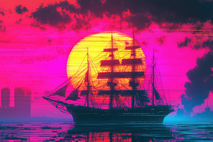 A vibrant digital artwork featuring a tall ship sailing against a large, colorf, an Industrial Photo by Textures & Backgrounds