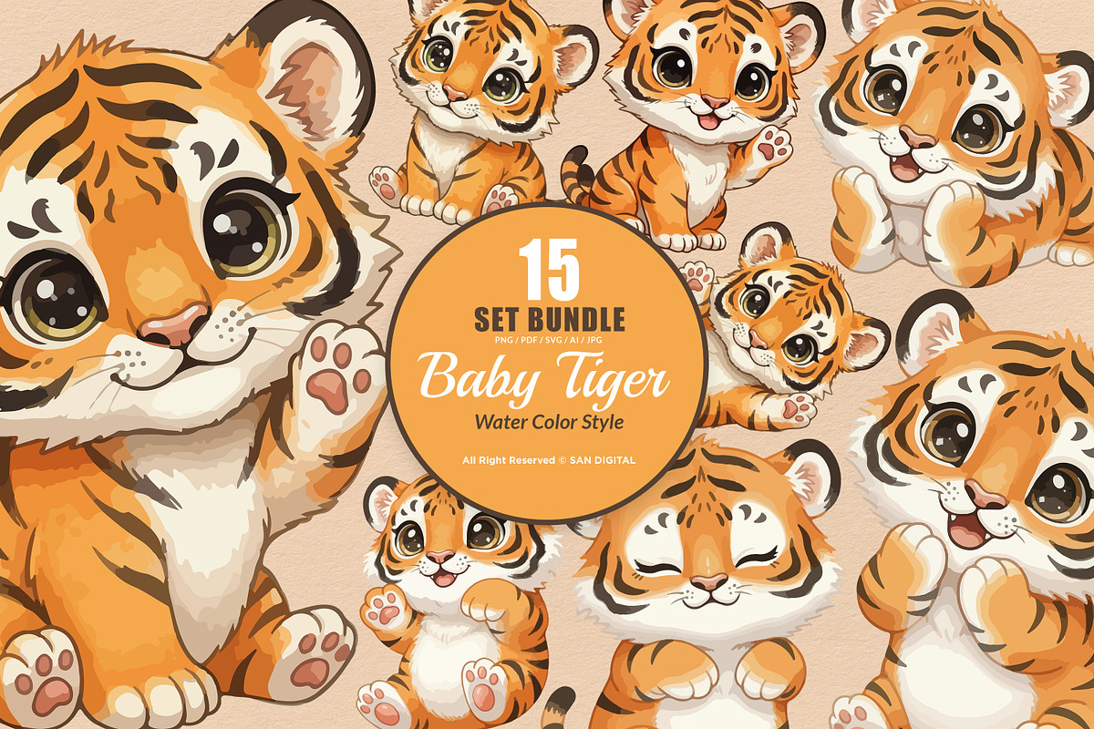 15 Bundle Watercolor Baby Tiger Wild, an Animal Illustration by Morspective (Photo 1 of 8)