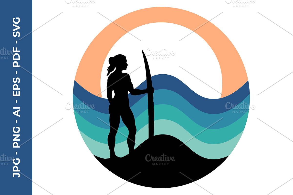Surfer Girl and Layered Waves Vector, a Decorative Illustration by nandinigraphics (Photo 1 of 3)