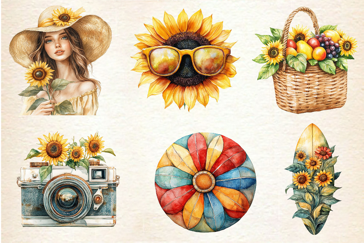 Watercolor Summer Sunflower Clipart, an Illustration by Dream Creation (Photo 4 of 6)