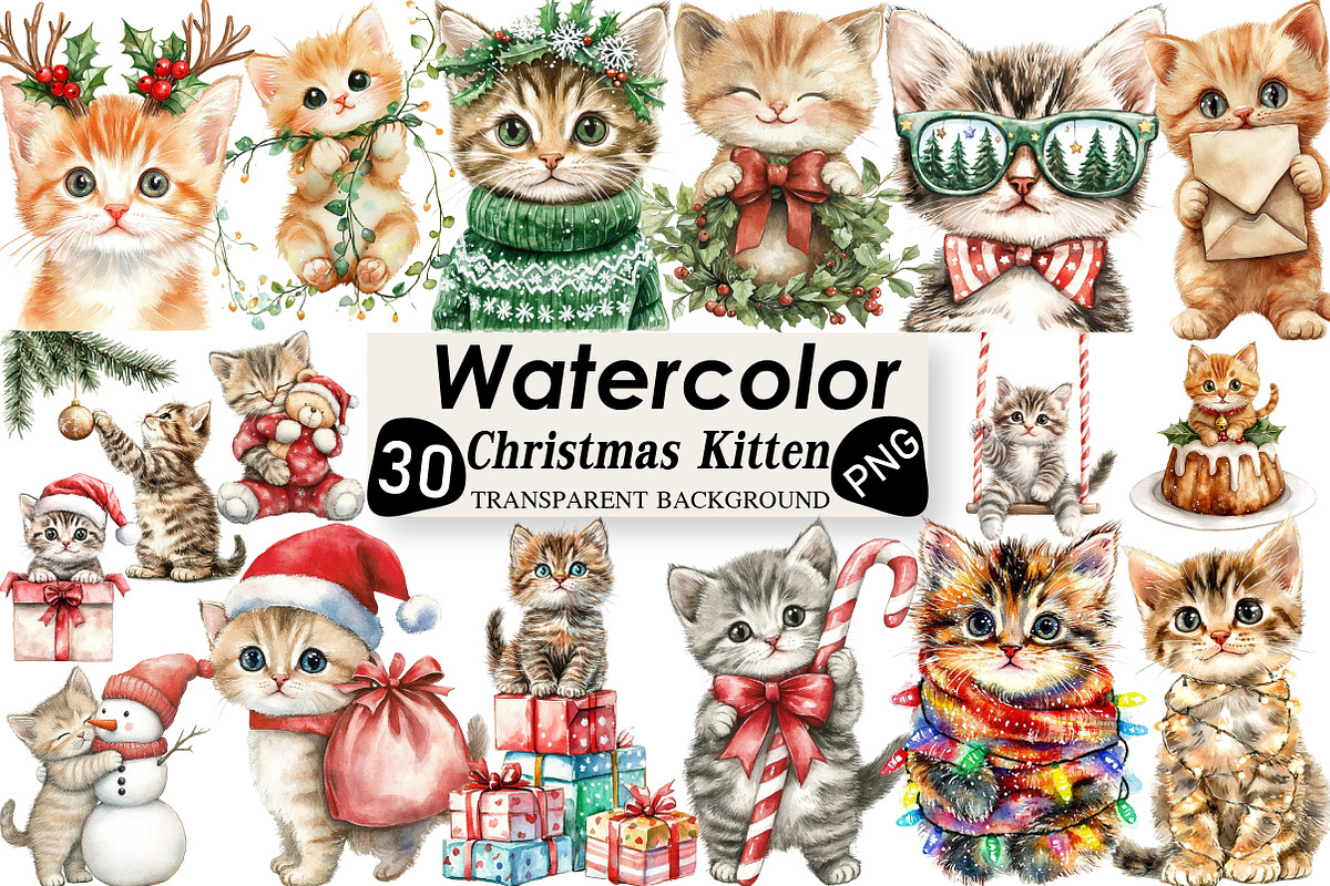 Christmas Kitten Clipart, an Illustration by Black Bird Studio (Photo 1 of 6)