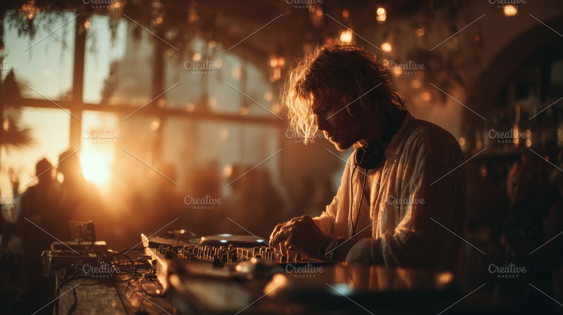 DJ playing music during sunset in a lively atmospheric setting, a Photo by AS photostudio