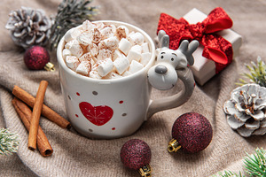 Cozy christmas hot chocolate with marshmallows and reindeer mug, a Holiday Photo by Olena Rudo