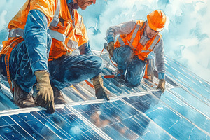 Two workers in orange helmets and safety vests installing solar panels on a roo, a Technology Photo by Textures & Backgrounds