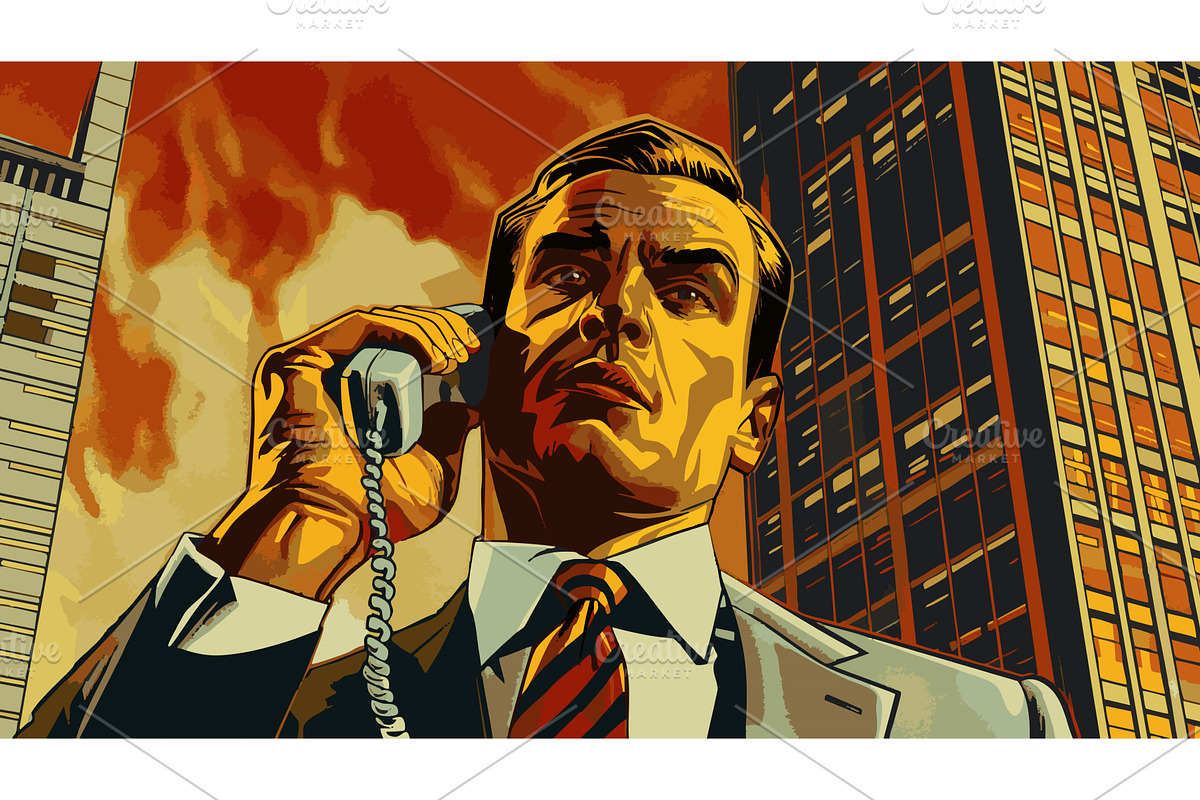 Dramatic Businessman on Corded Phone, a Person Illustration by AlexArt