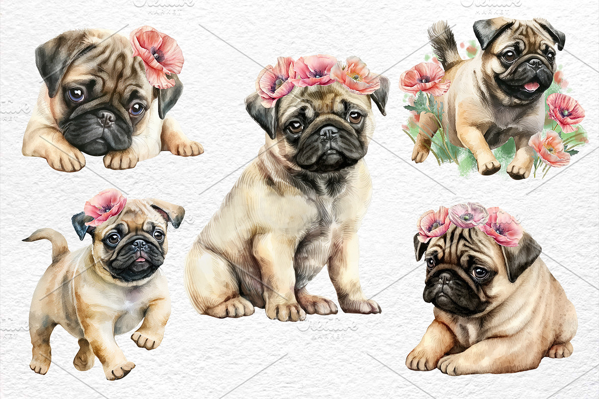 Playful Pugs. Watercolor, an Animal Illustration by Watercolor dreams (Photo 2 of 6)