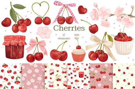 Watercolor Cherry and Bow Clipart, a Food Illustration by ArtGiftsStudio