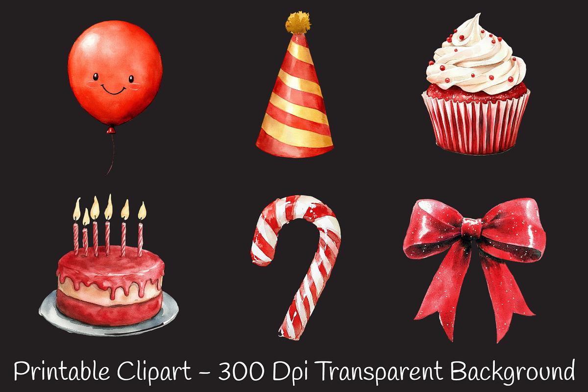 Red Birthday Watercolor Cliparts, an Illustration by RobertsArt (Photo 7 of 7)