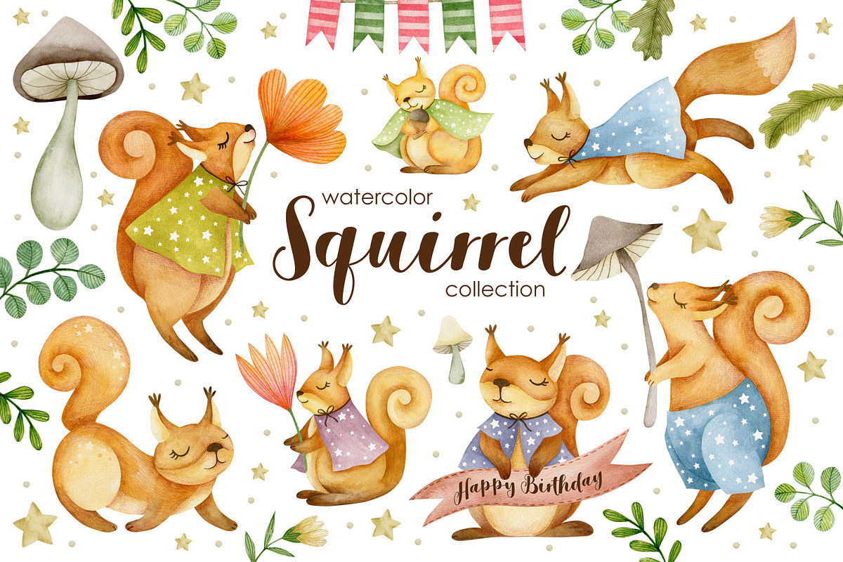 Watercolor squirrels collection., an Animal Illustration by Kira Konoshenko (Photo 1 of 12)