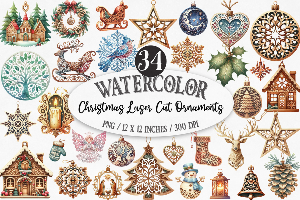 Christmas Laser Cut Ornaments Bundle, an Illustration by Designking (Photo 1 of 5)