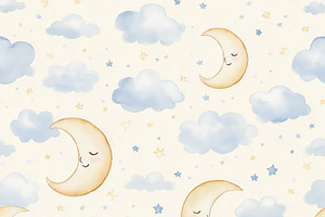 Seamless pattern, watercolor sleeping moons and blue clouds seam, a Pattern Graphic by Studio ANNA