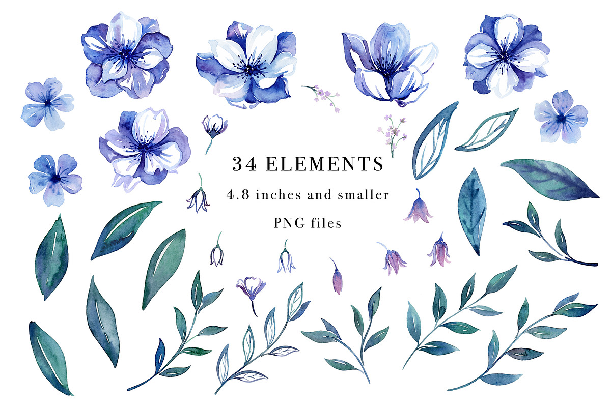 Floral Blues Watercolor Design Set, an Illustration by Art by Lin (Photo 2 of 5)