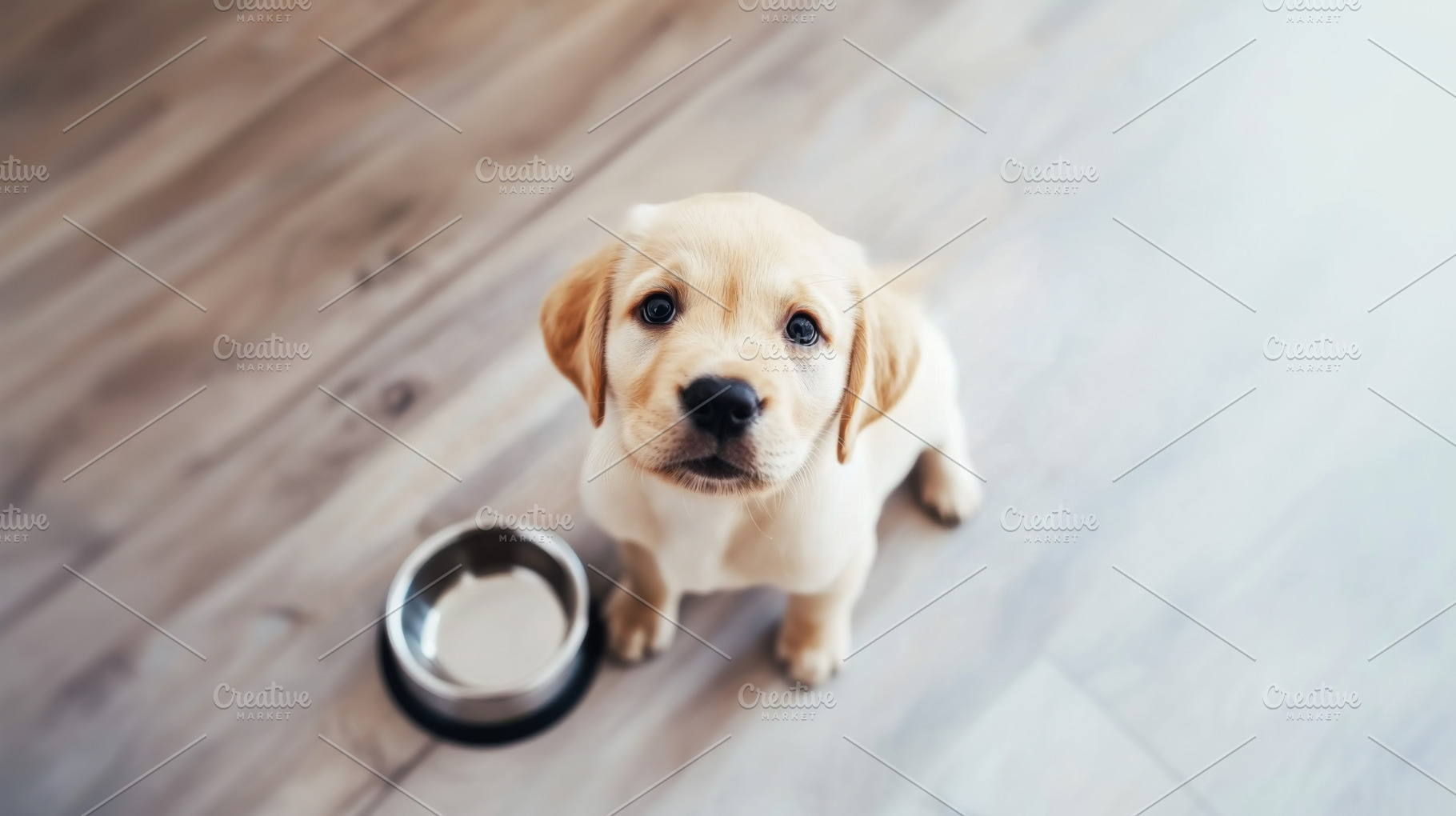 Cute puppy looking up with empty bow, a Photo by Dvoevnore photos