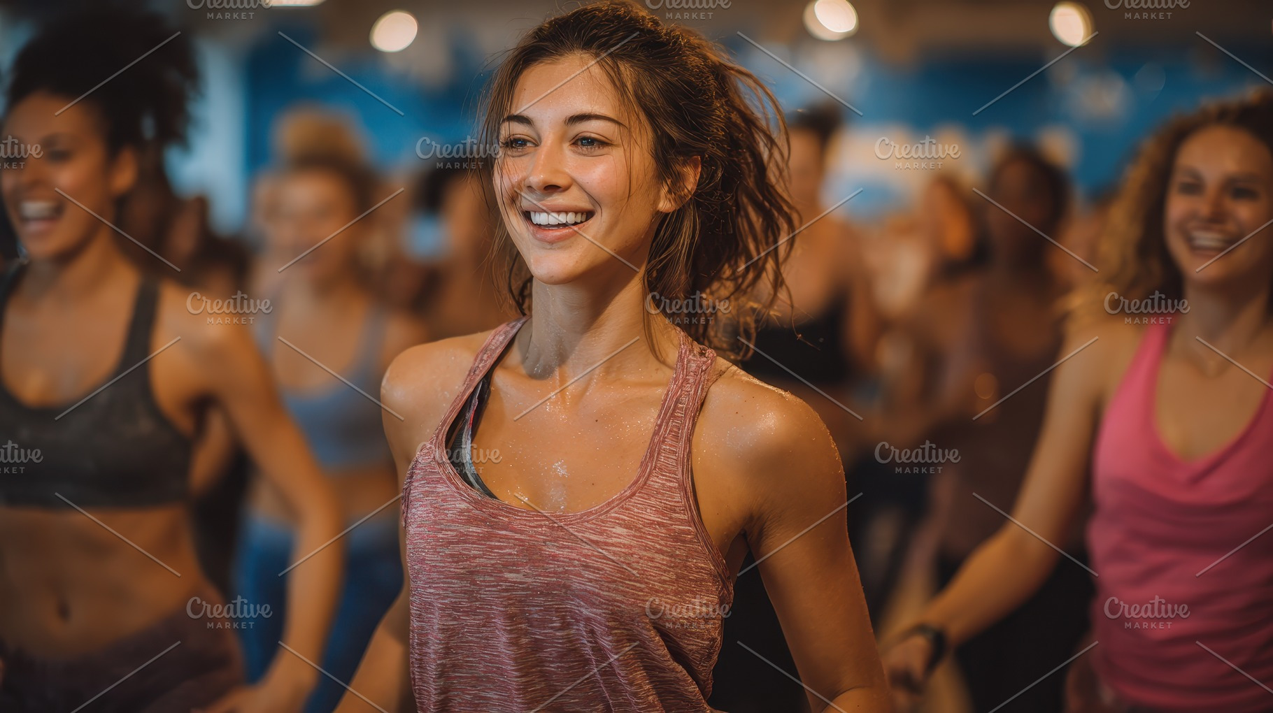 Happy woman fitness class workout sm, a Photo by Pixeness Studio