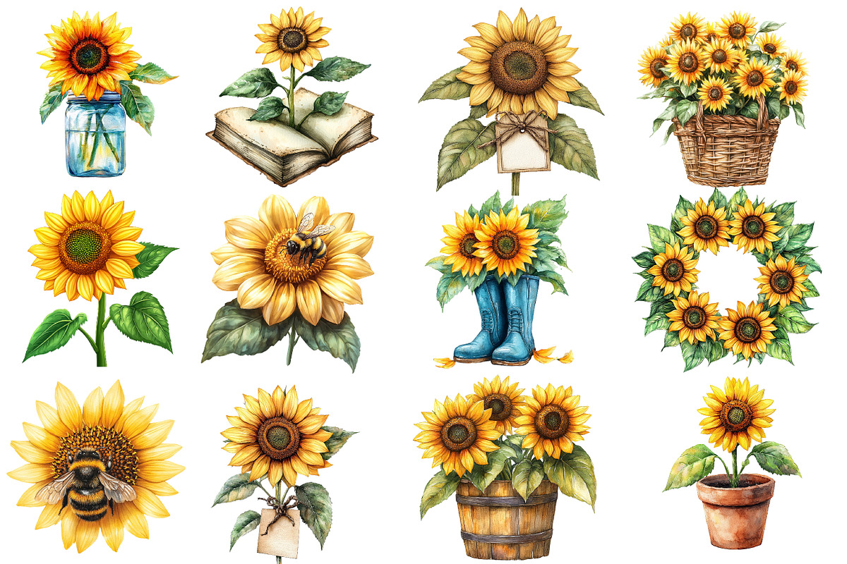 Watercolor Summer Sunflower Clipart, an Illustration by Designworld (Photo 2 of 5)