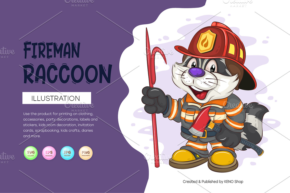 Cartoon Raccoon Fireman. T-Shirt., an Animal Illustration by KENO Mascots (Photo 1 of 3)