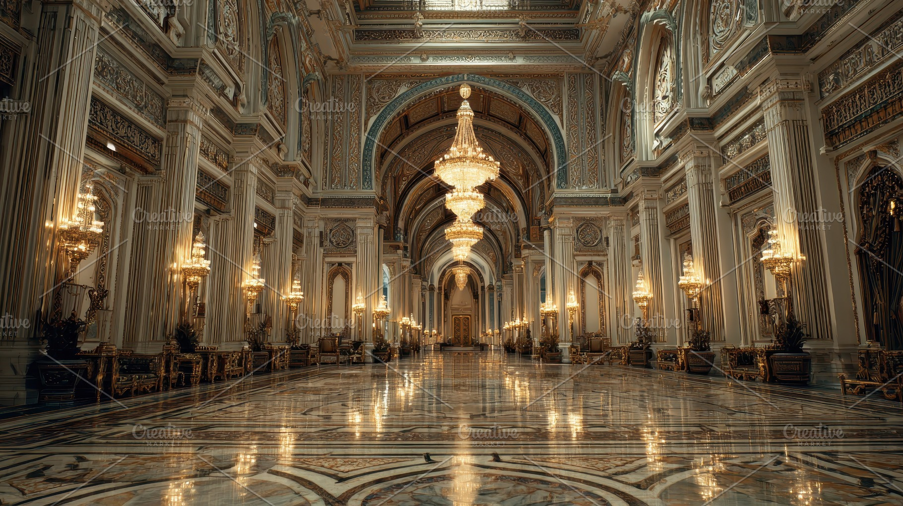 Grand hall with chandeliers, a Photo by Pavel_design