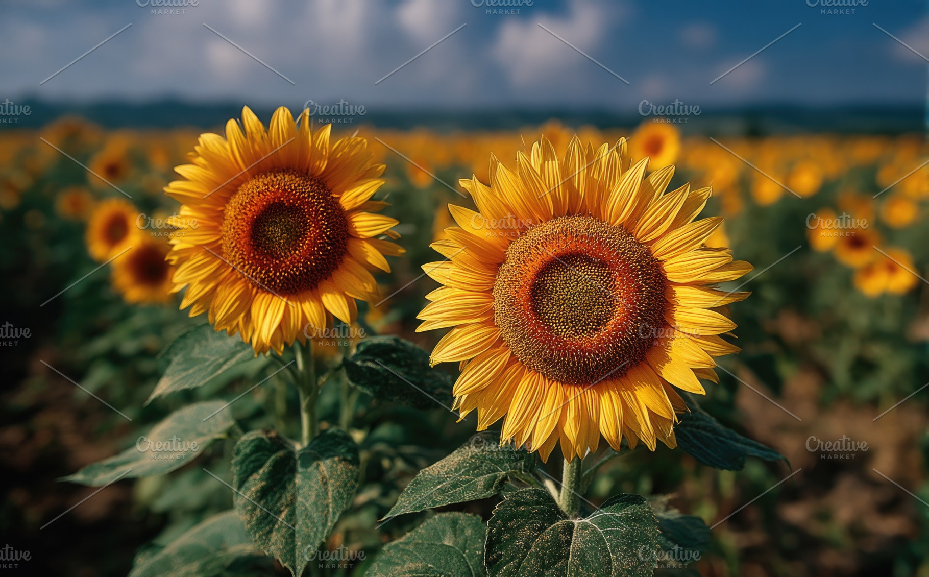 Two Bright Sunflowers in Bloom Over Summer Field, a Nature Photo by José Manuel Gelpi