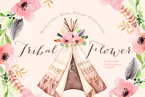 Tribal & Flower Watercolor Clipart