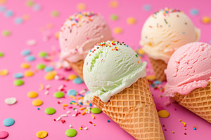 Colorful ice cream scoops with sprinkles in waffle cones on pink background, a Food & Drink Photo by AlyaAnd