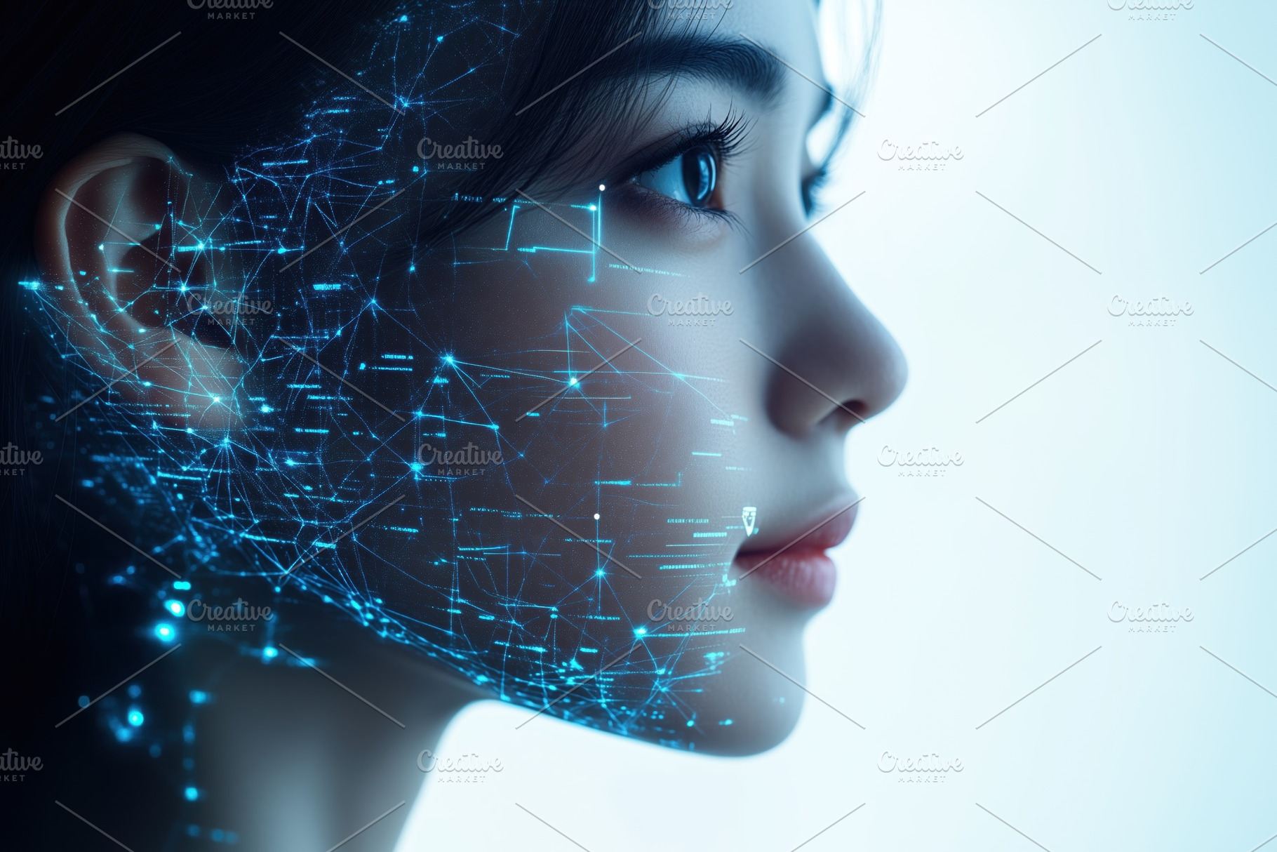 NLP Developer. A close-up profile of a young woman with a digital overlay of bl, a Person Photo by Textures & Backgrounds