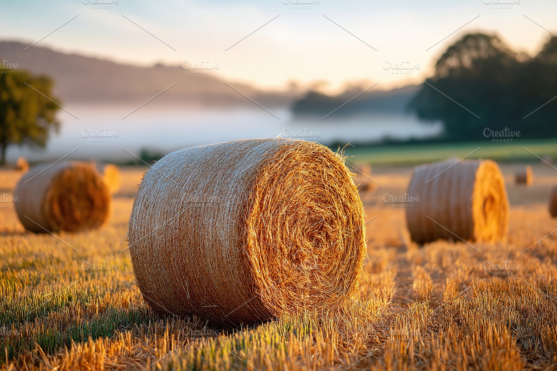 Misty morning reveals scattered hay bales across a tranquil field at sunrise, a Nature Photo by AlyaAnd