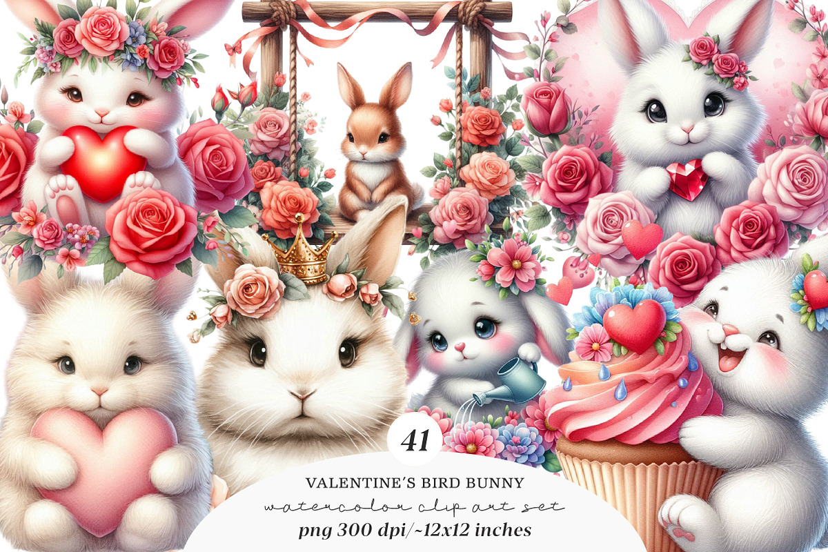 Valentine Bunny Clipart Bundle, an Illustration by SinaCreation (Photo 1 of 11)