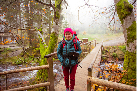 Woman is going across the wooden, a Person Photo by oksix