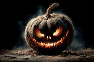 Spooky Halloween jack o lantern glowing in darkness with evil ca, a Holiday Photo by José Manuel Gelpi