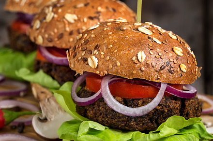 Veggie burgers containing salad, vegetarian, and vegan