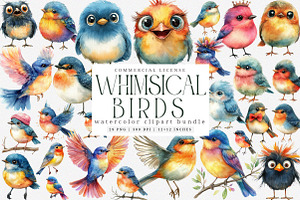 Watercolor Whimsical Bird Clipart, an Illustration by SinaCreation